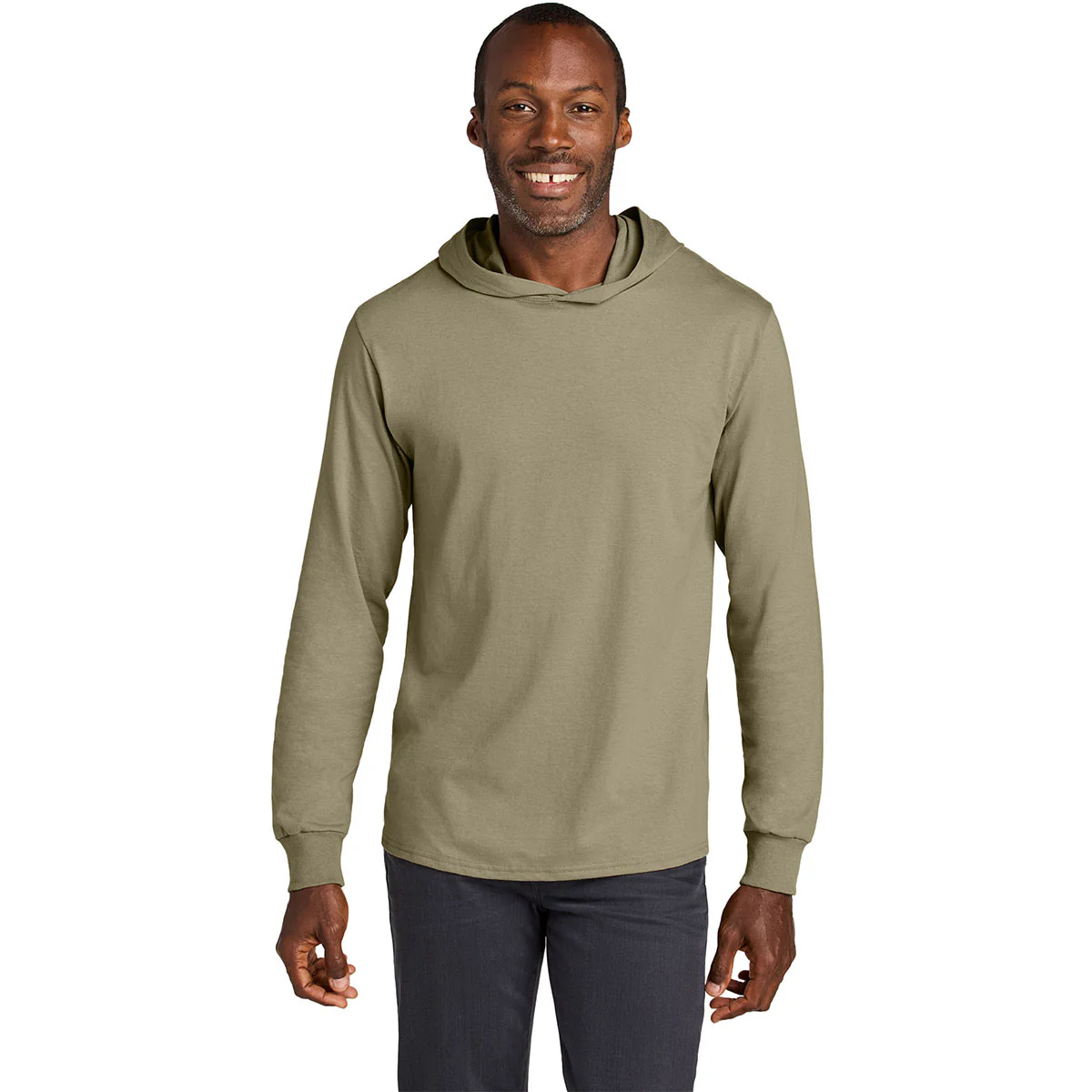 Jerzees Classics Unisex Khaki Cotton Long Sleeve Hooded T-Shirt - Image 3