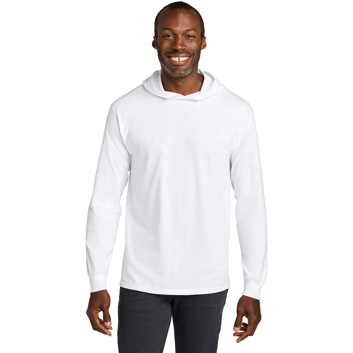 Jerzees Classics Unisex White Cotton Long Sleeve Hooded T-Shirt - Image 3
