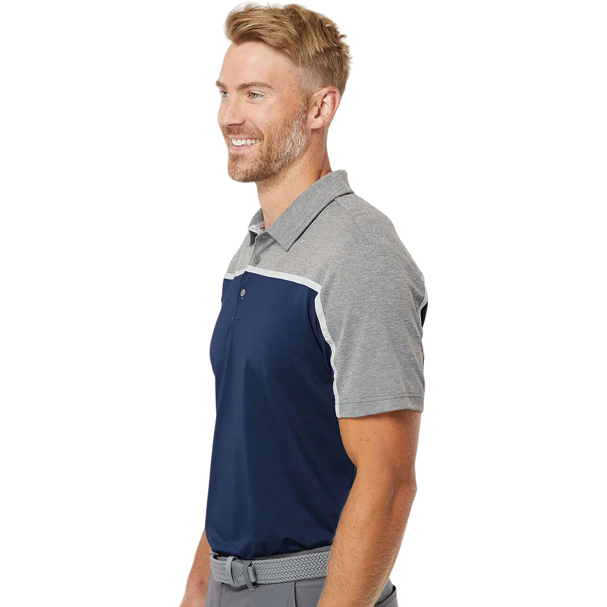 Adidas Men's Collegiate Navy/Grey Two/Grey Five Melange Ultimate Colorblocked Polo - Image 5