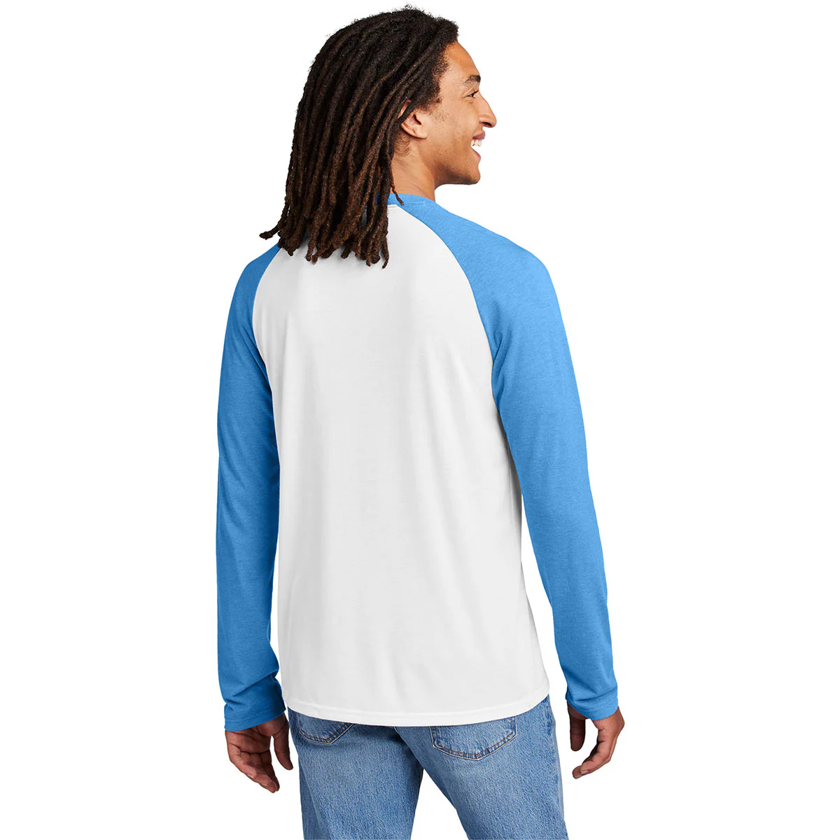 Allmade Unisex Azure Blue/Bright White Tri-Blend Long Sleeve Colorblock Raglan - Image 4