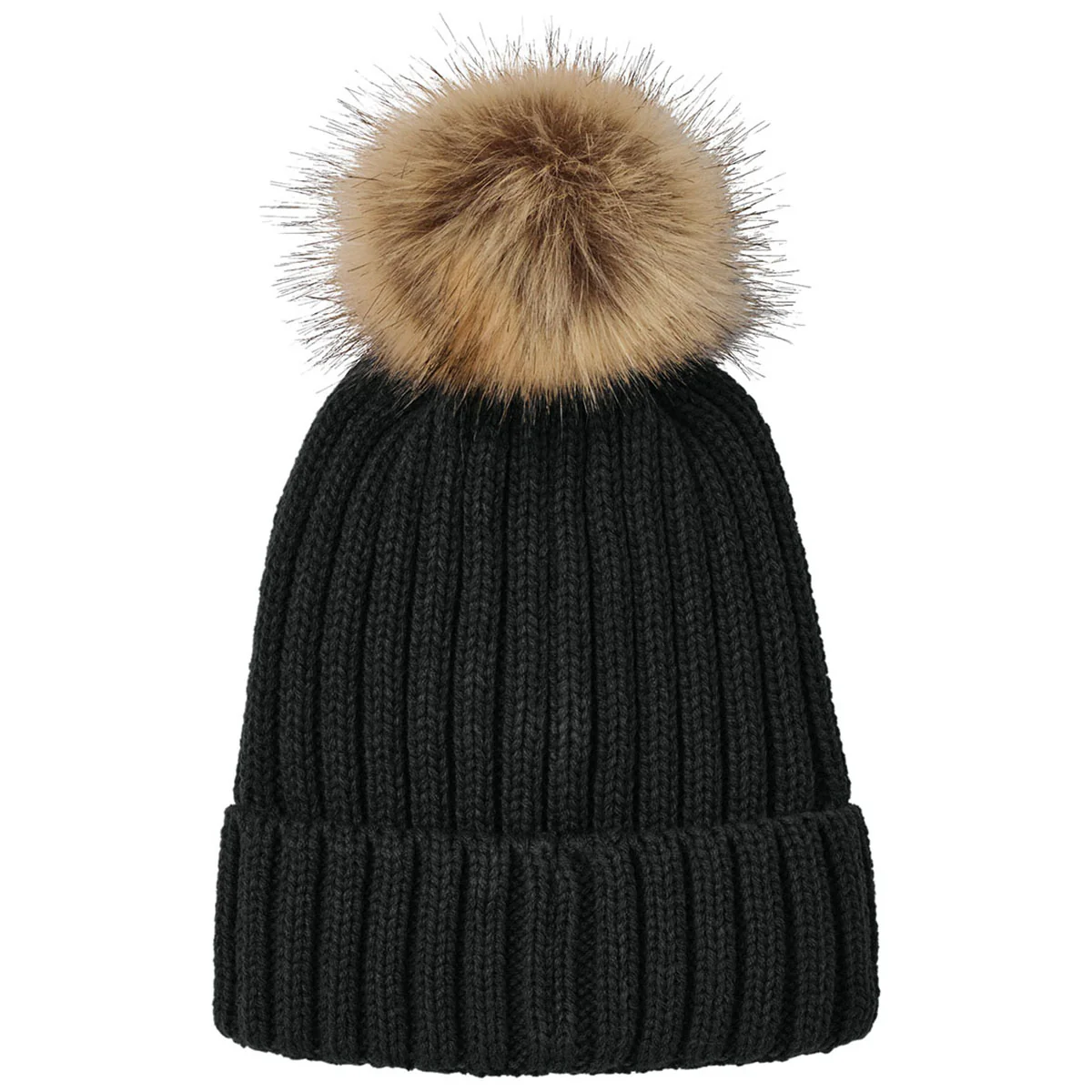 Port Authority Deep Black Faux Fur Pom Beanie - Image 2