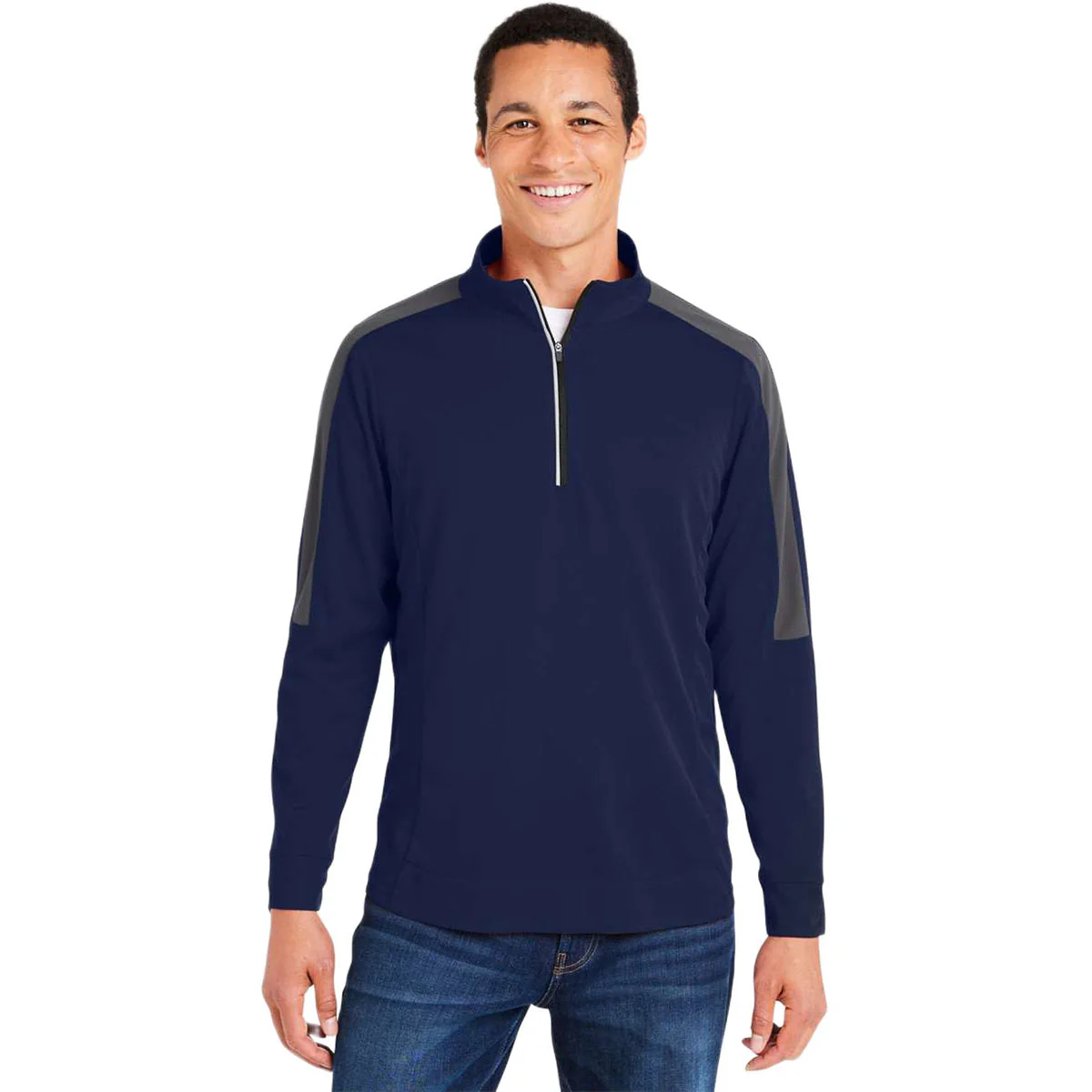 Core 365 Men's Classic Navy Heather/Carbon Market Snag Protect Mesh Colorblock Quarter-Zip Pullover - Image 3