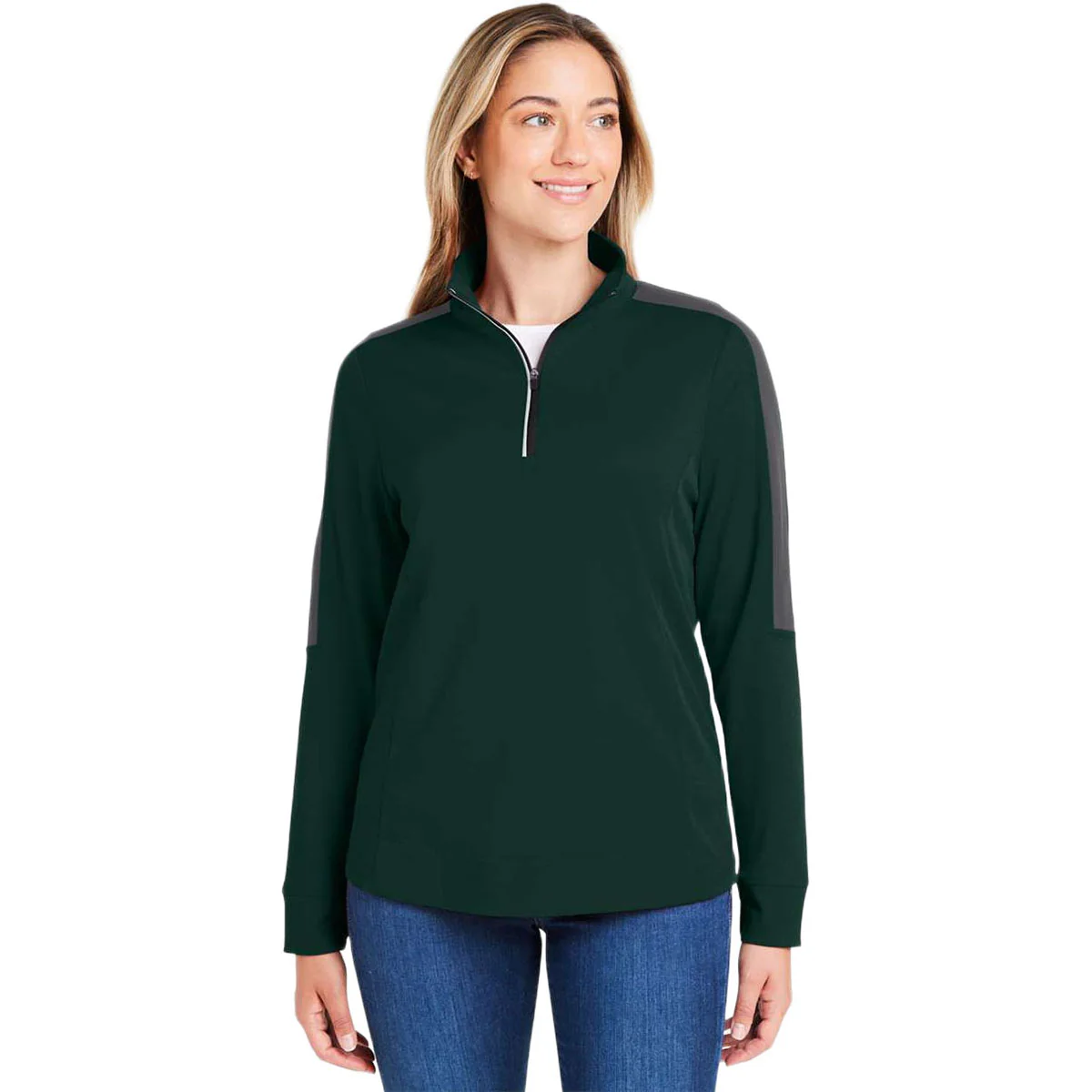 Core 365 Women's Forest/Carbon Market Snag Protect Mesh Colorblock Quarter-Zip Pullover - Image 3