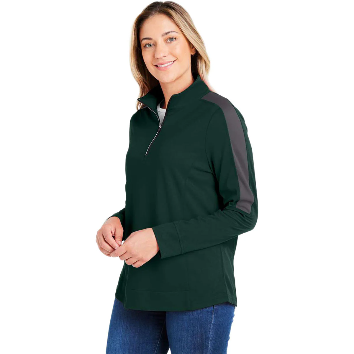 Core 365 Women's Forest/Carbon Market Snag Protect Mesh Colorblock Quarter-Zip Pullover - Image 5