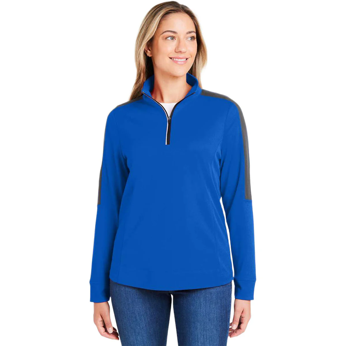 Core 365 Women's True Royal/Carbon Market Snag Protect Mesh Colorblock Quarter-Zip Pullover - Image 3