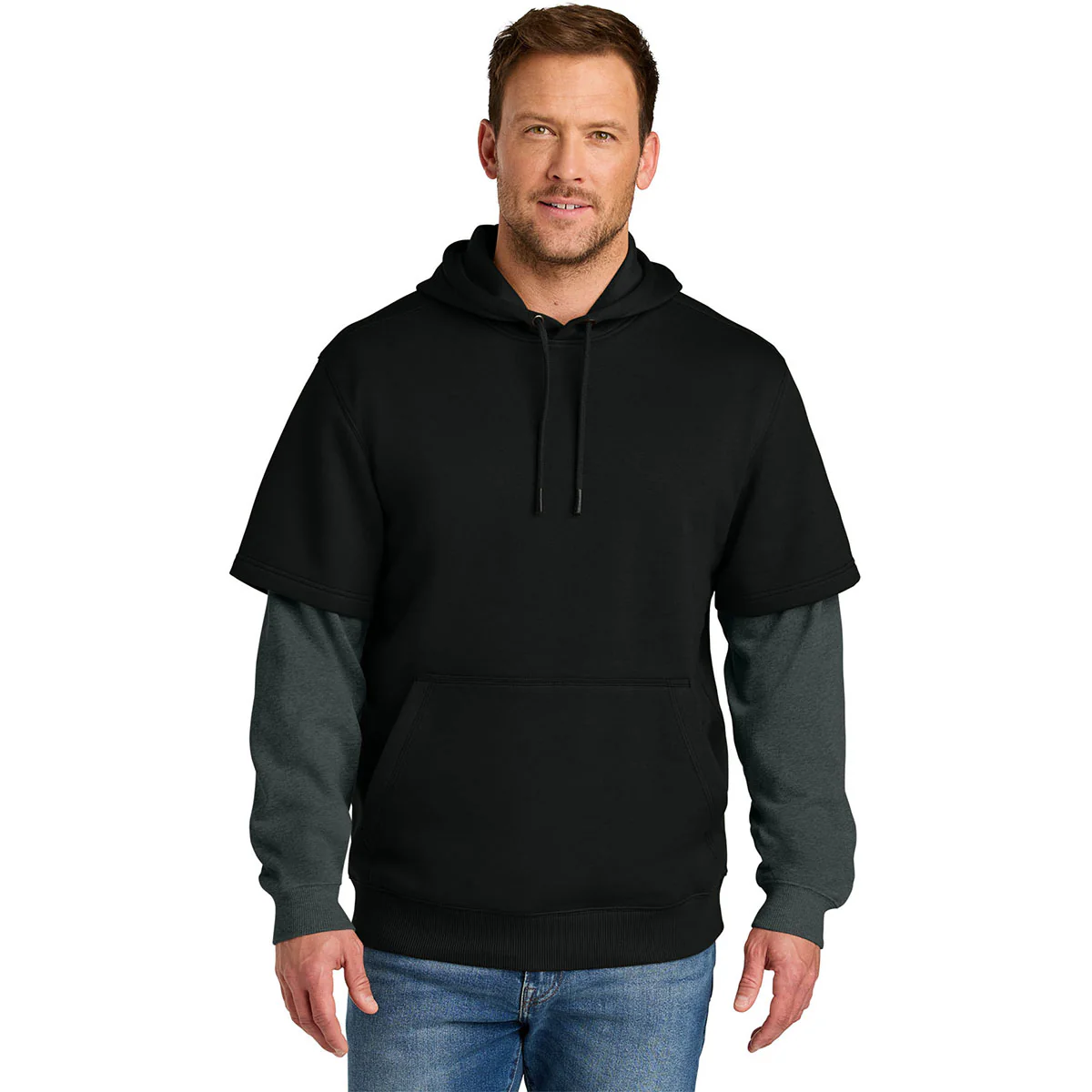 CornerStone Men's Black/Charcoal Heather Touch Fleece Layered Hoodie - Image 3