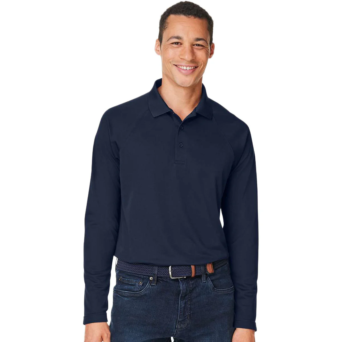 Harriton Men's Dark Navy Charge Snag and Soil Protect Long Sleeve Polo - Image 3