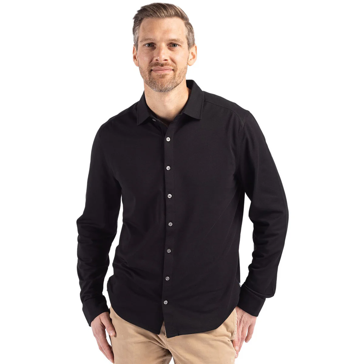 Cutter & Buck Men's Black Advantage Tri-Blend Eco Soft Pique Long Sleeve Knitted Button Down - Image 3
