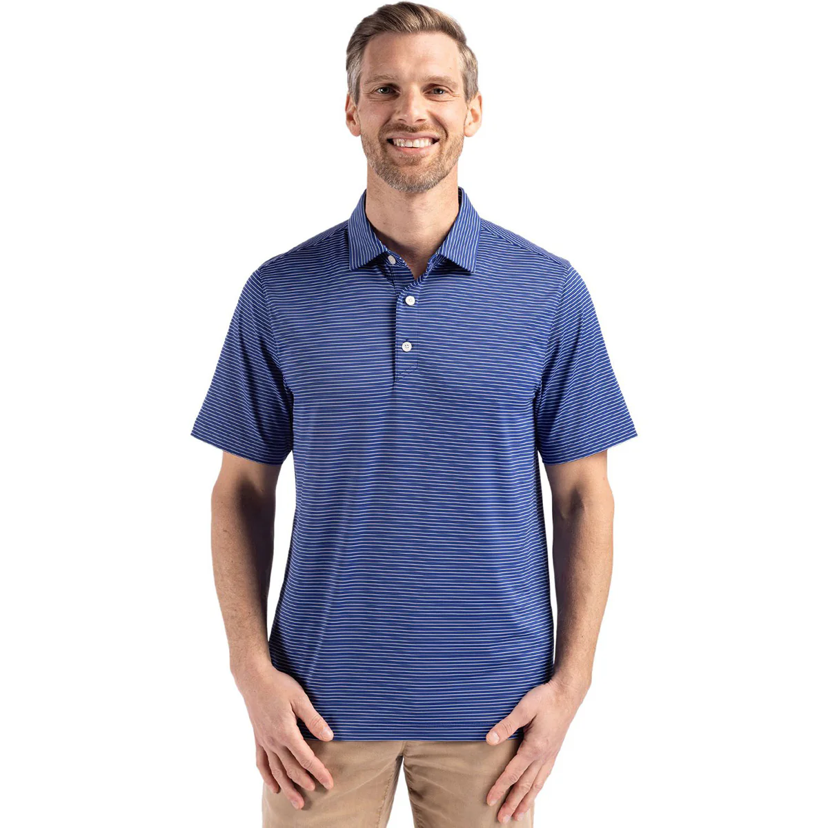 Cutter & Buck Men's Tour Blue/White Forge Eco Fine Line Stripe Stretch Recycled Polo - Image 3