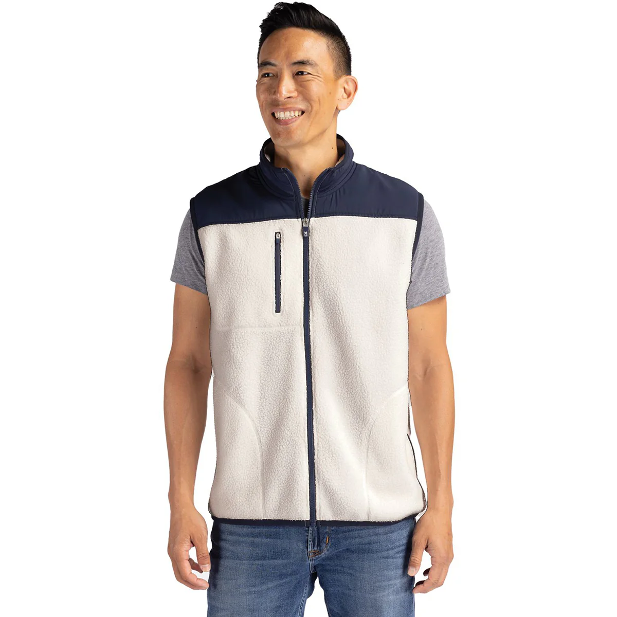 Cutter & Buck Men's Shell/Navy Blue Cascade Eco Sherpa Fleece Vest - Image 3