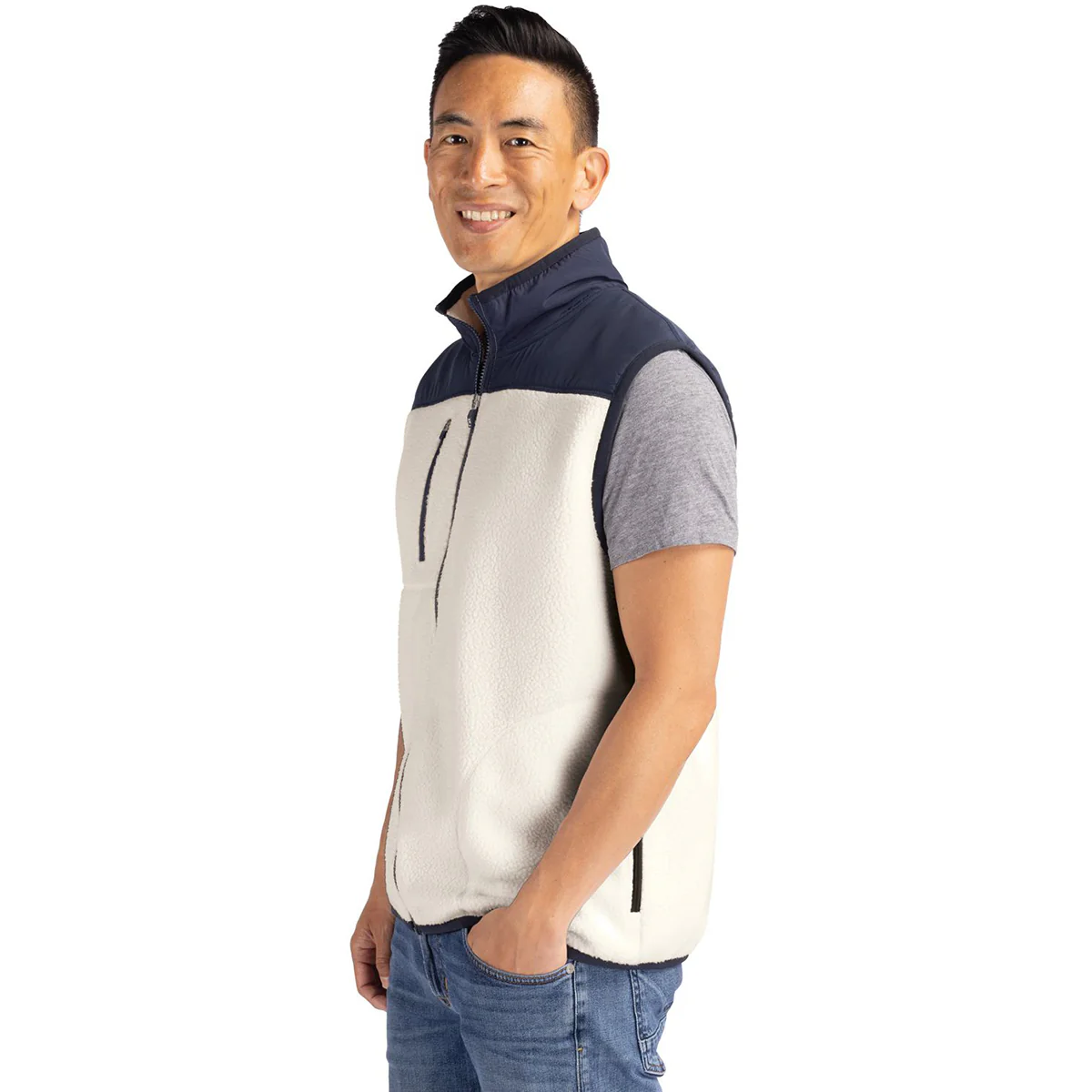 Cutter & Buck Men's Shell/Navy Blue Cascade Eco Sherpa Fleece Vest - Image 5