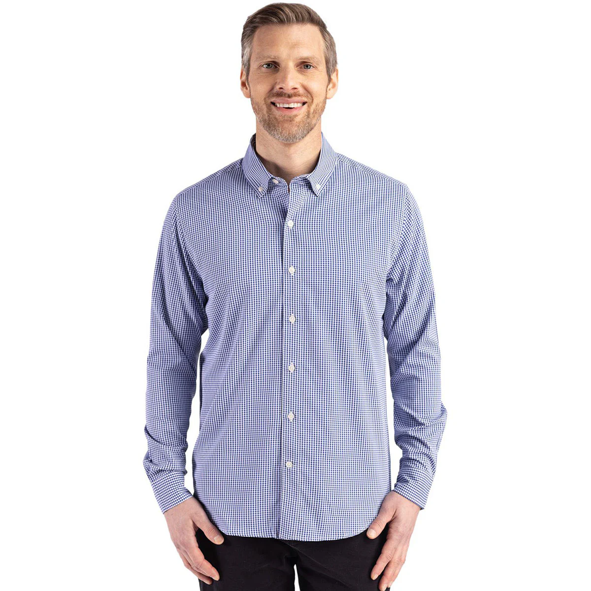 Cutter & Buck Men's Tour Blue/White Skyline Epic Confidence Recycled Gingham Long Sleeve Dress Shirt - Image 3