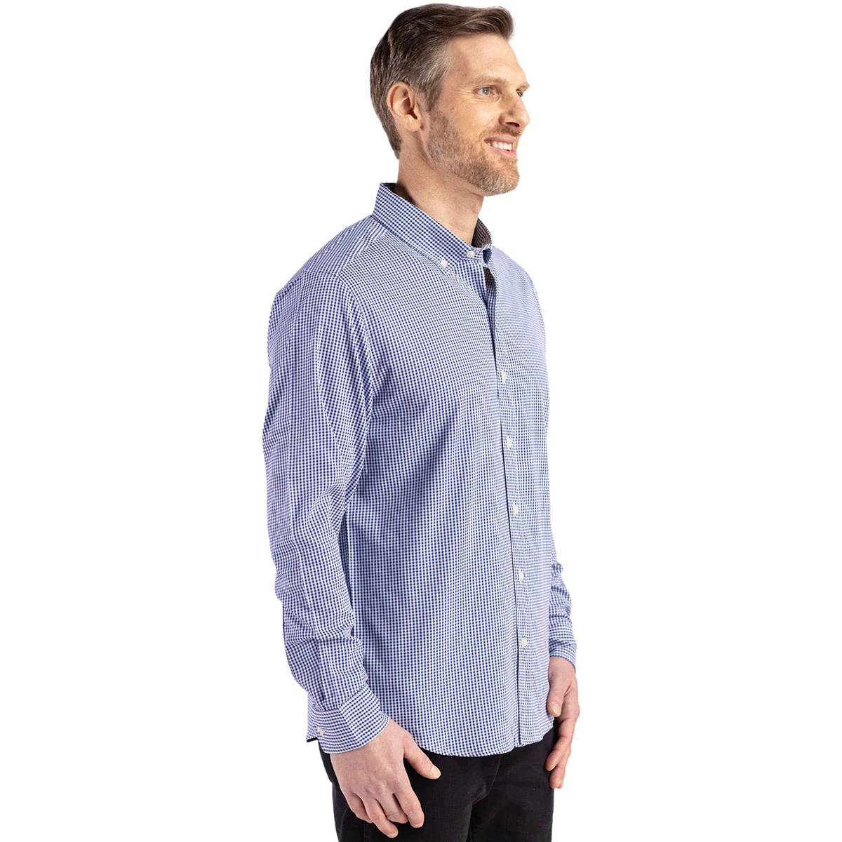 Cutter & Buck Men's Tour Blue/White Skyline Epic Confidence Recycled Gingham Long Sleeve Dress Shirt - Image 5