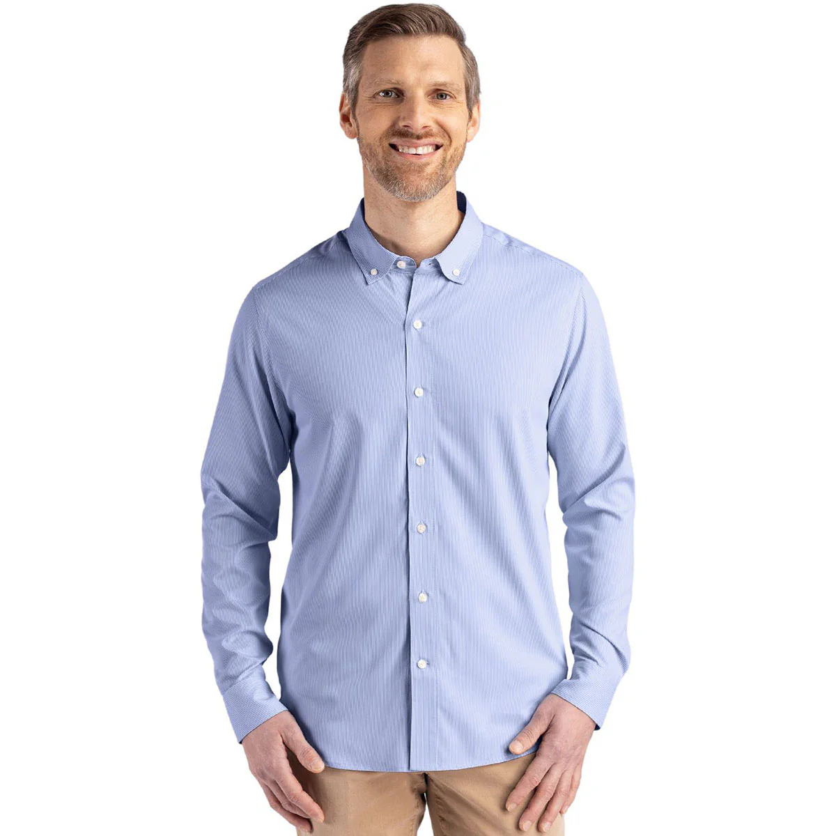 Cutter & Buck Men's Tour Blue/White Skyline Epic Confidence Recycled Pinstripe Long Sleeve Dress Shirt - Image 3