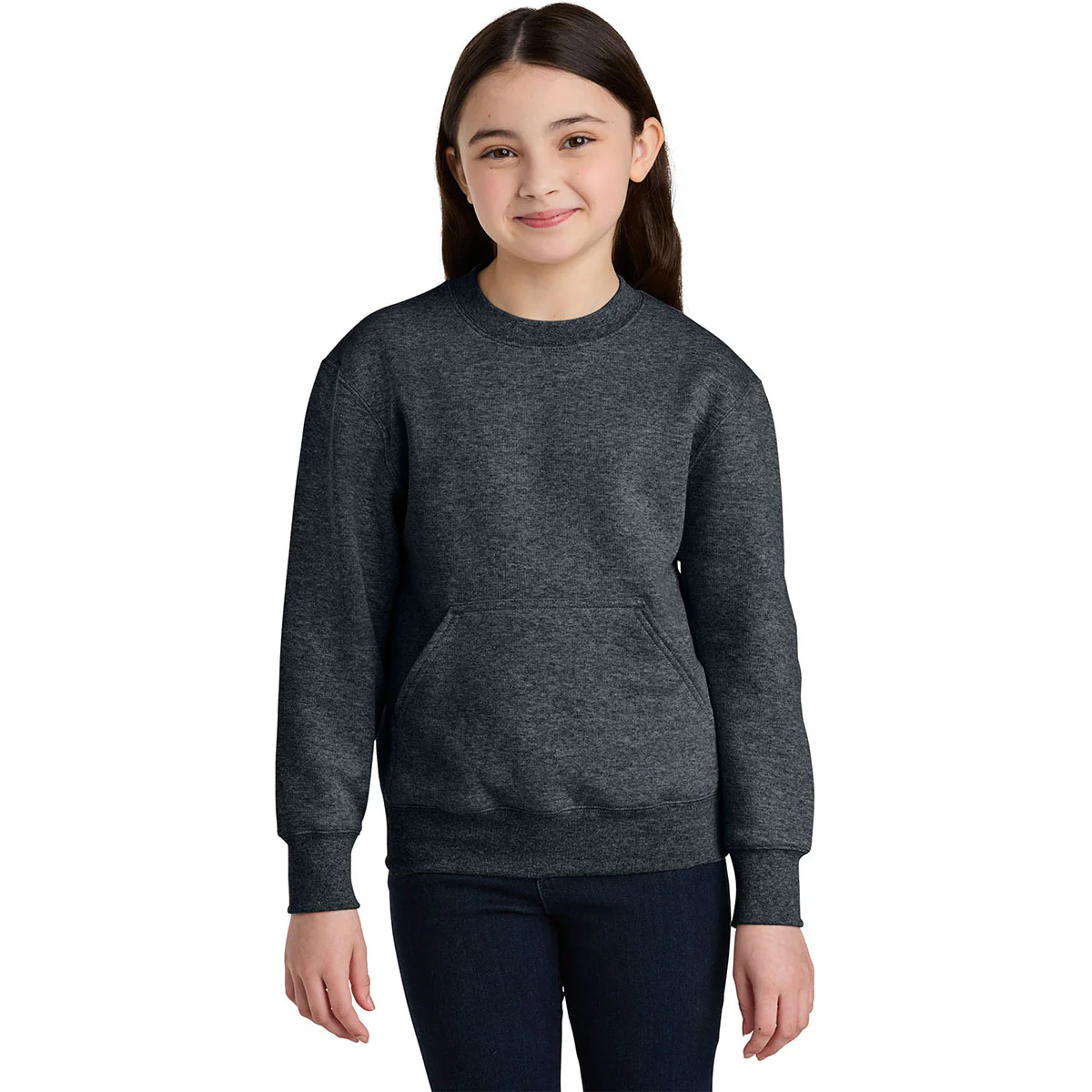 Port & Company Youth Dark Heather Grey Core Fleece Crewneck Pocket Sweatshirt - Image 3