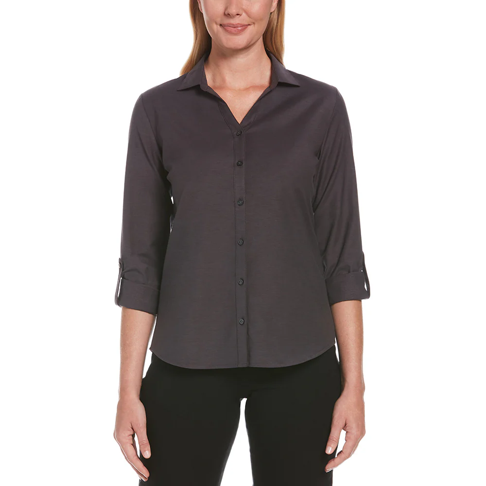 Perry Ellis Women's Caviar Black Heathered Woven Shirt - Image 4