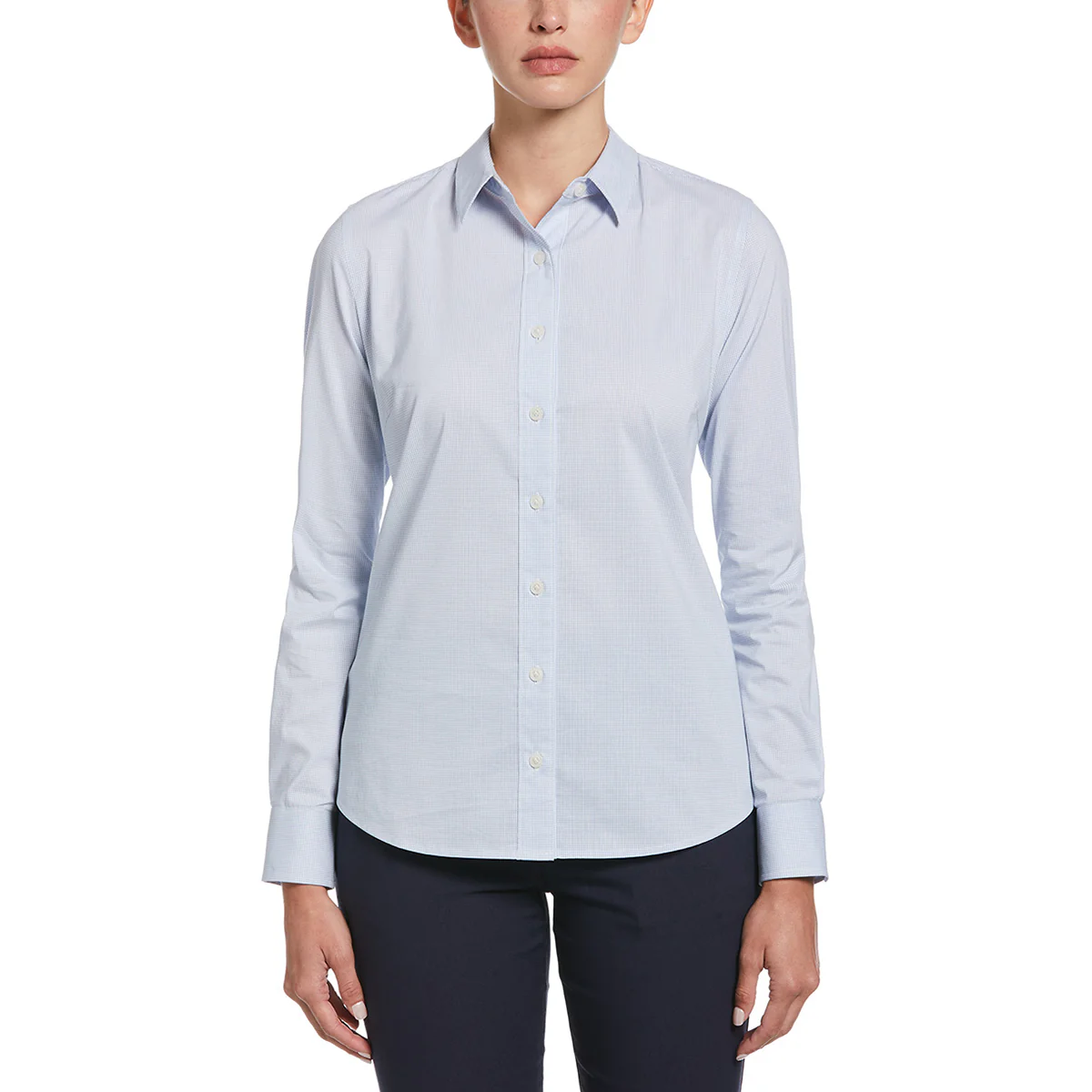 Perry Ellis Women's Provence Blue/White Mini Grid Woven Shirt - Image 4