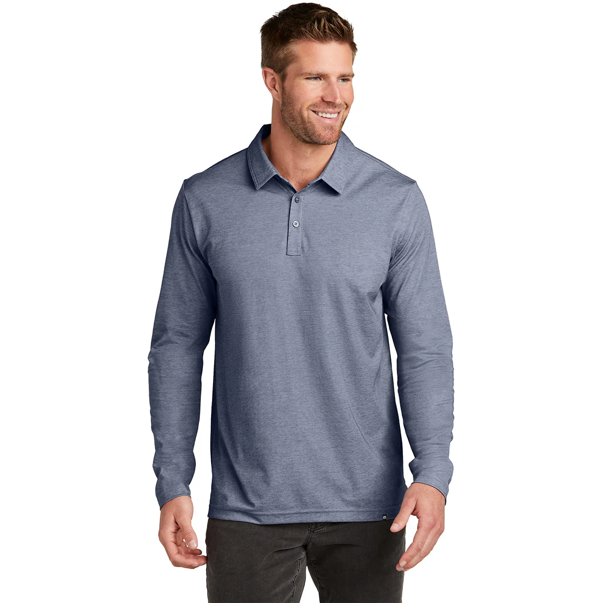 TravisMathew Men's Blue Nights Heather Oceanside Heather Long Sleeve Polo - Image 3