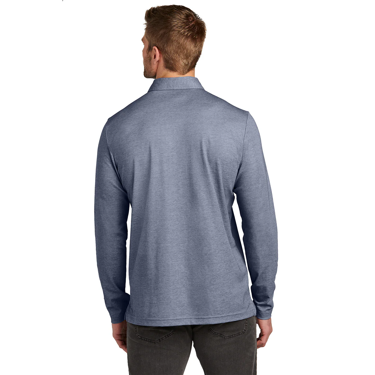 TravisMathew Men's Blue Nights Heather Oceanside Heather Long Sleeve Polo - Image 4