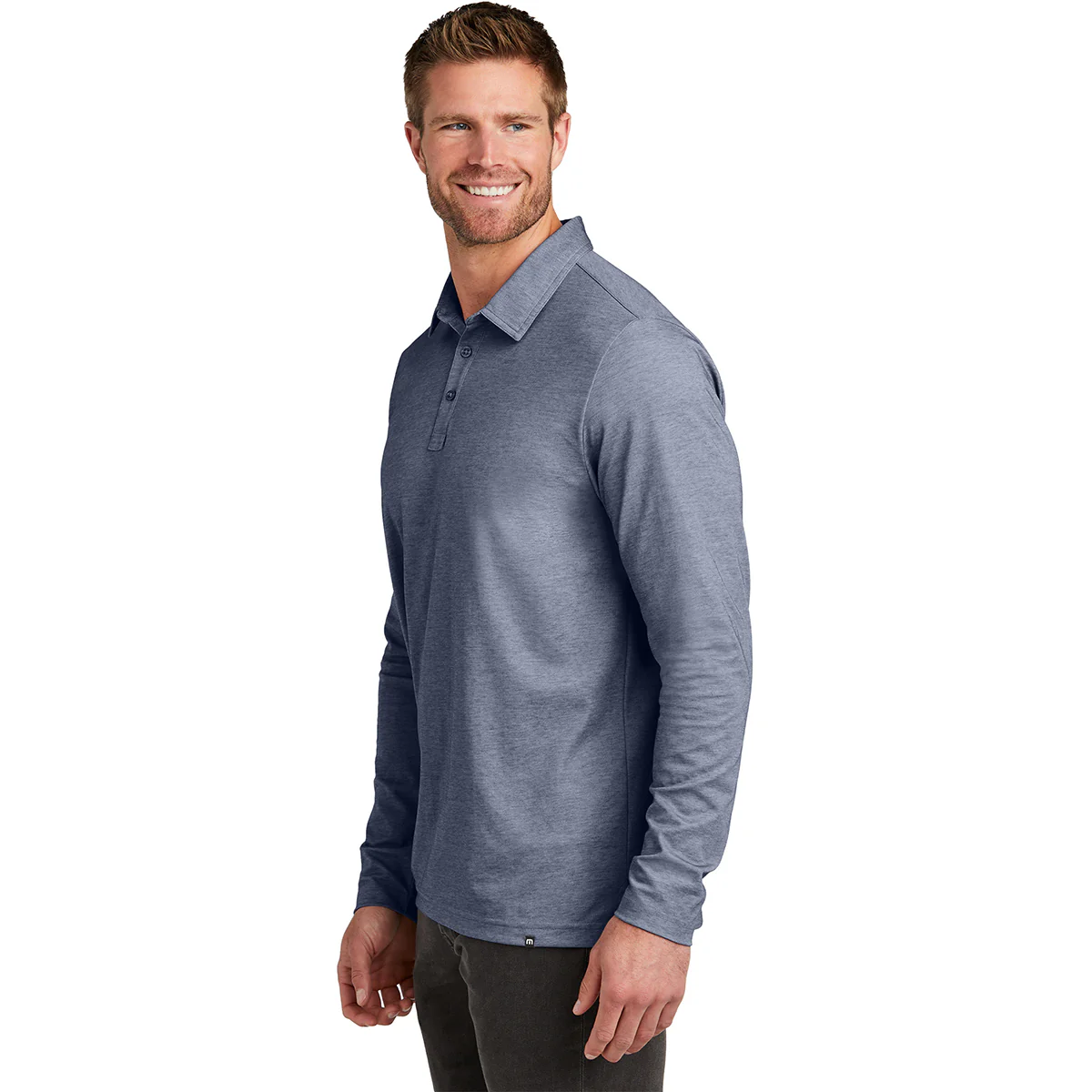 TravisMathew Men's Blue Nights Heather Oceanside Heather Long Sleeve Polo - Image 5