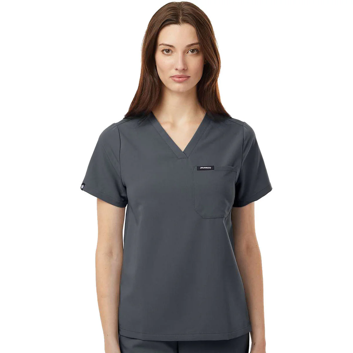 Jaanuu Women's Carbon Grey Rhena Essential 1-Pocket Scrub V-Neck Top - Image 3