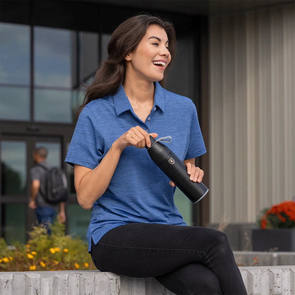 48-Hour Zusa Women's Vivid Blue/Navy Heather Stripe Polo - Image 3